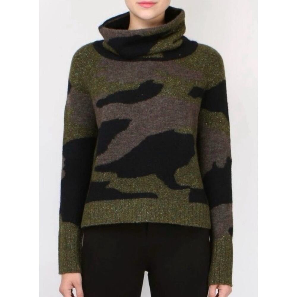 Veronica Beard Davis Cowl Neck Camo Sweater Merino Wool Alpaca Silk S $450